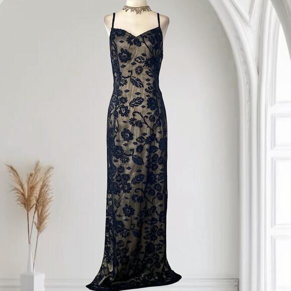 Early 2000's Romantic Goth Whimsygoth Floral Beaded Black Nude Prom Dress M / 8 - Picture 1 of 7